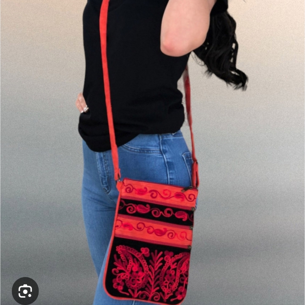 Handcrafted Red and Black Patterned Crossbody Ethnic Boho Bag